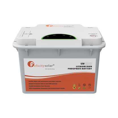 A Pelicitysolar 12V 100AH Lithium Iron Phosphate Battery in a gray plastic container with a white lid and orange label accents, shown on a plain white background.