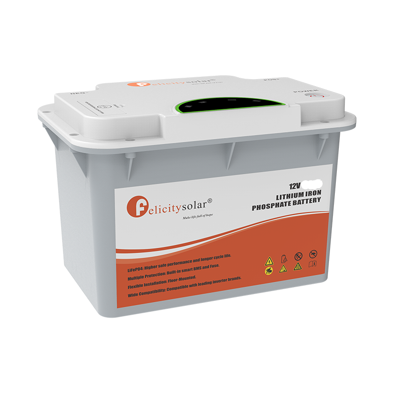 A 12V 100AH lithium iron phosphate battery by Celicity Solar, featuring a white plastic casing with a prominent orange and white label on the front.