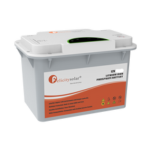 A 12V 100AH lithium iron phosphate battery by Celicity Solar, featuring a white plastic casing with a prominent orange and white label on the front.