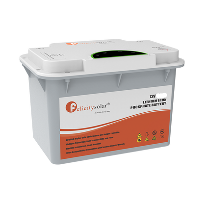 A 12V 100AH lithium iron phosphate battery by Celicity Solar, featuring a white plastic casing with a prominent orange and white label on the front.