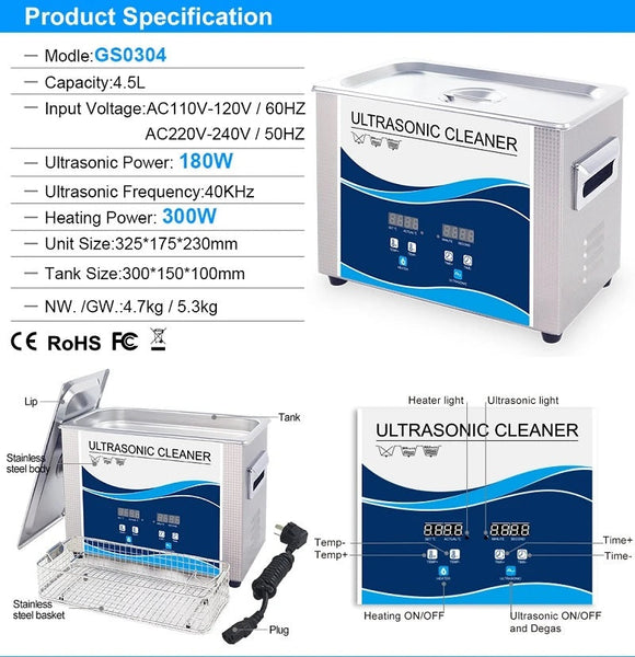 GRANBO GS0304 2.5L 180W Ultrasonic Cleaner - Powerful Cleaning Tool for Jewelry, Eyeglasses, Watches, and More