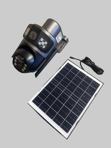 Black cylindrical device with a solar panel on a wooden floor