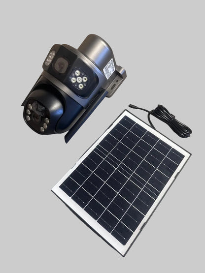 Black cylindrical device with a solar panel on a wooden floor