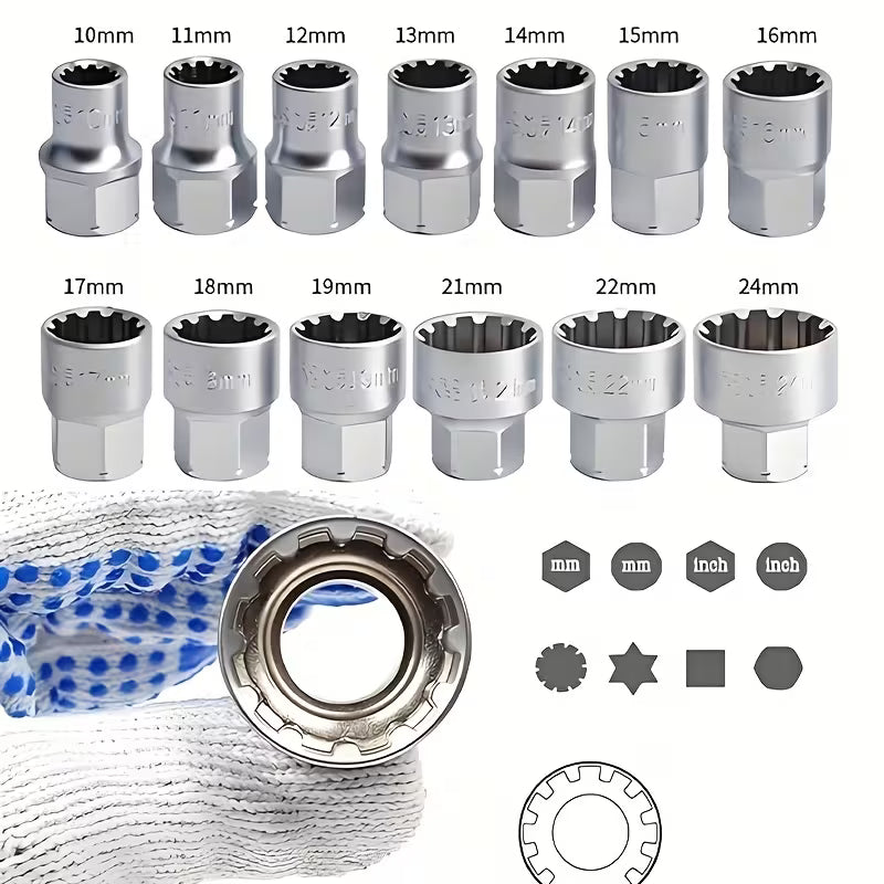 A Set of 17 Heavy-Duty Chrome Vanadium Steel Through Sockets (10008388)