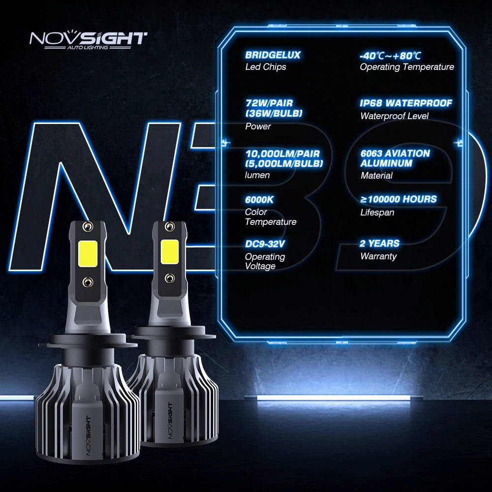 NOVSIGHT N39 H7 LED Car Headlight Kit 6000K 10000LM 72W (10007701) - Electromann SA