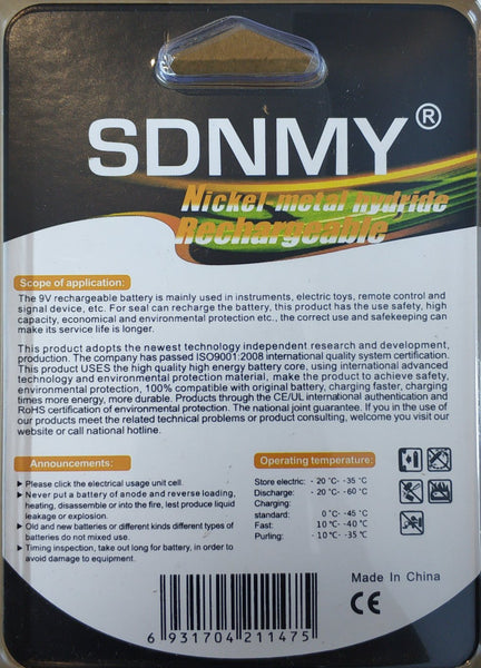 SDNMY 9v Ni-Mh Rechargeable Battery