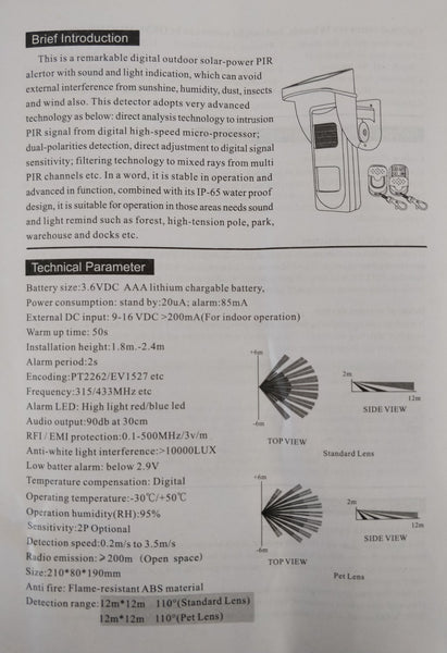 Intelligent Outdoor Solar PIR Motion Pet Friendly Detection Alarm