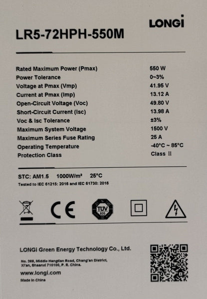 Longi Solar 550W Mono 41.95v Solar Panel - High-Efficiency and Durable