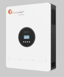A white Felicity Solar hybrid inverter with a black circular control panel and side vents, shown against a solid black background.