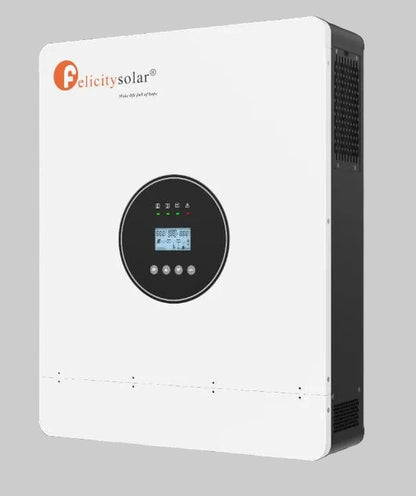 A white Felicity Solar hybrid inverter with a black circular control panel and side vents, shown against a solid black background.