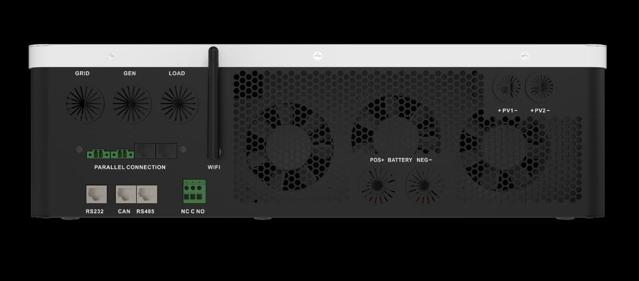 A black and white electronic power supply or server chassis shown from the back, featuring ventilation grilles, ports, and labels on a solid black background.