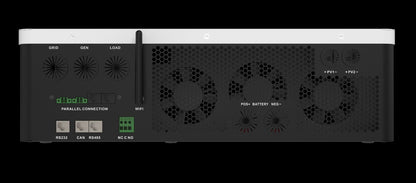 A black and white electronic power supply or server chassis shown from the back, featuring ventilation grilles, ports, and labels on a solid black background.