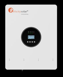 A white Felicity Solar inverter or solar power unit with a central black circular control panel featuring a small digital display and buttons, shown against a solid black background.