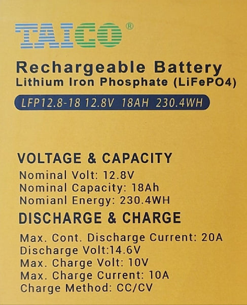 TAICO 12.8V 18AH Lithium Rechargeable Battery - Compact & Reliable Power Source