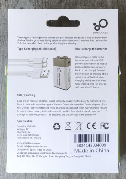 SMARTOOLS 9v 650mah 1200 Recharges Type-C Rechargeable Battery