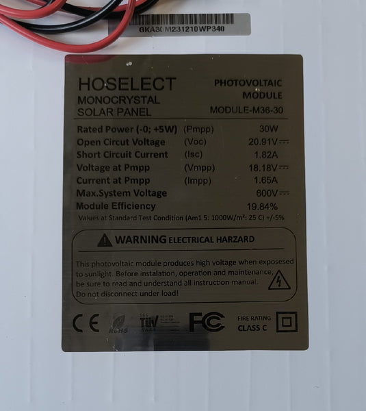 Hoselect M36-30 30W 12v Solar Panel