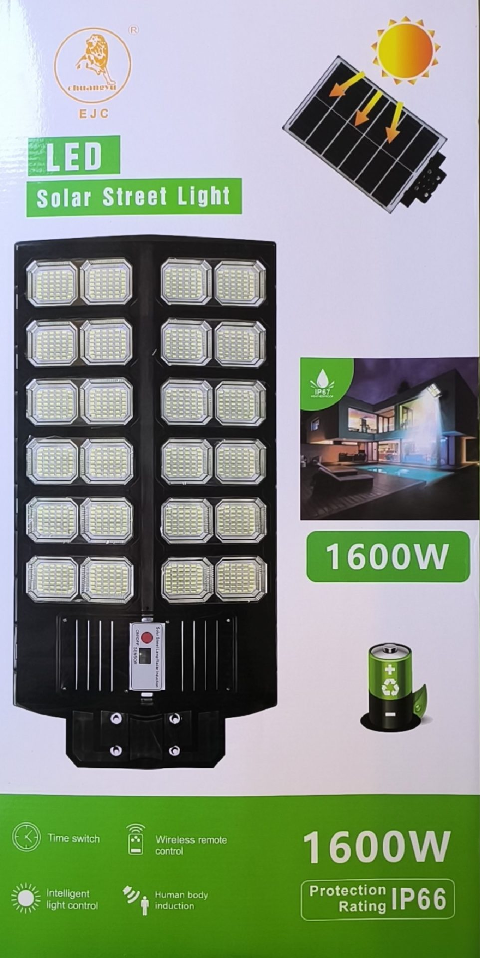 EJC 1600Watt Solar Powered Remote Controlled LED Street/Pole Light