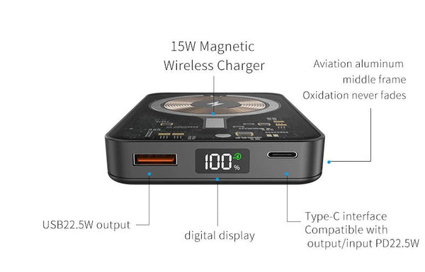 Andowl Q-C228 15000mAh Transparent Magnetic Power Bank Wireless Charger