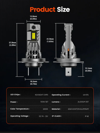Novsight N99 Pro-Mini Series | H7 LED Wireless 100W, 24000LM 6500K White Headlight Kit - Upgrade Your Vehicle's Lighting (10008093)