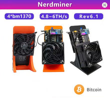 Three views of a Nerdminer solo Bitcoin miner (Rev6.1, 4*bm1370, 4.