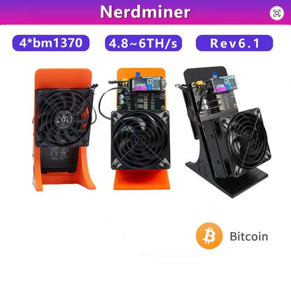 Three views of a Nerdminer solo Bitcoin miner (Rev6.1, 4*bm1370, 4.