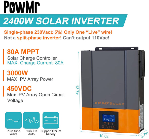 PowMr Hybrid Pure Sine Solar Inverter 1500W 12V with Built in 80A MPPT Solar Controller