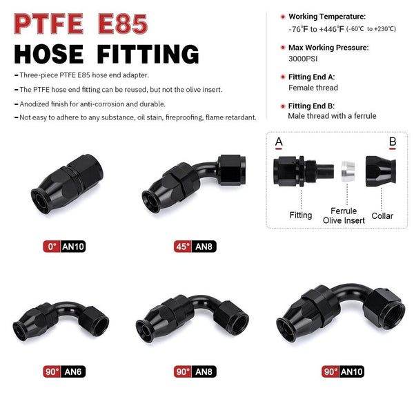 PTEF AN6 45 Degree Hose End Fitting For Stainless Steel Braided Hose