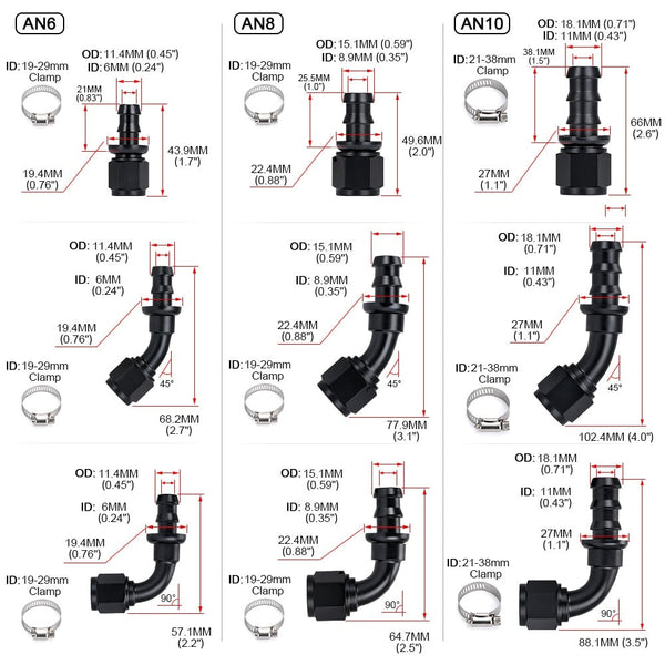 Universal AN6 Push-on Straight Reusable Hose End Fittings