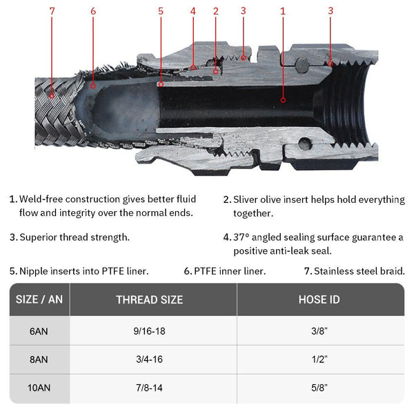 PTEF AN6 Straight Hose End Fitting For Stainless Steel Braided Hose