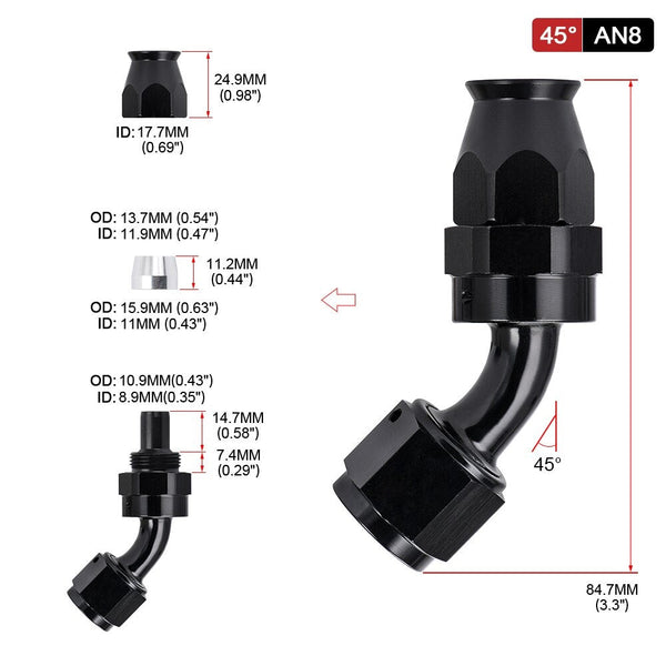 PTEF AN6 45 Degree Hose End Fitting For Stainless Steel Braided Hose