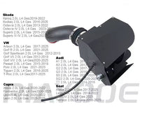 A black metal exhaust manifold part with a red and black gasket, shown on a white background with a list of compatible vehicle brands and models.