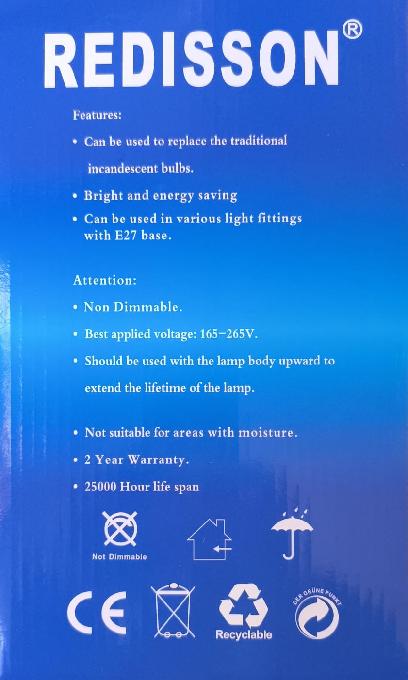 REDISSON B-Series GFS 220v AC 125Watt B22 (Push and Twist Type) 6500K Cool White LED Bulb - Electromann SA