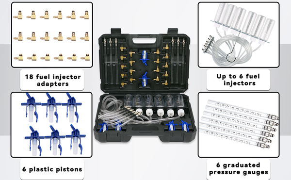 Diesel Injector Flow Meter Test Kit with 6 Cylinder Common Rail Adaptor and Leak Off Fuel Diagnostic Tool Set