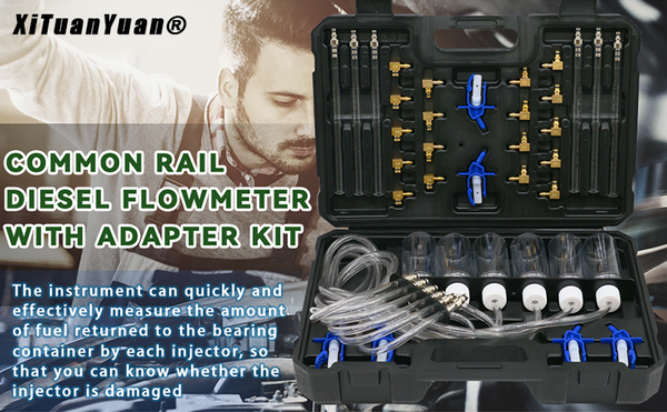 Diesel Injector Flow Meter Test Kit with 6 Cylinder Common Rail Adaptor and Leak Off Fuel Diagnostic Tool Set