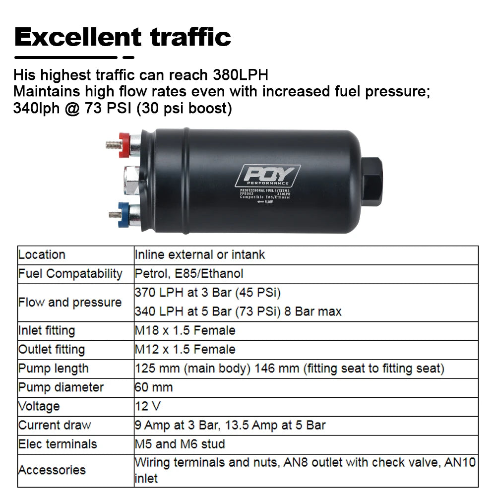 EFI 380LPH 1000HP TOP QUALITY External Fuel Pump E85 Compatible - Electromann SA