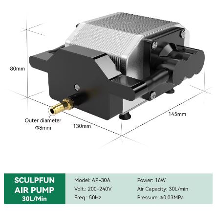 SCULPFUN 30L/Min Laser Air Assist Pump Air Compressor Nozzle