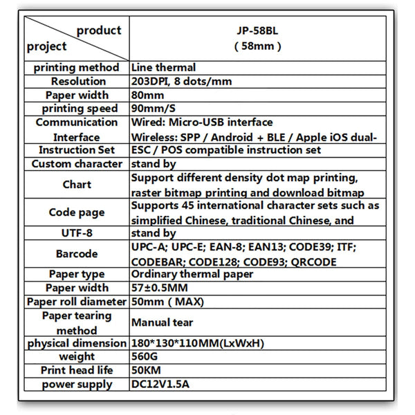 57x30mm USB+Bluetooth Wireless Thermal Pocket Receipt Printer 203DPI
