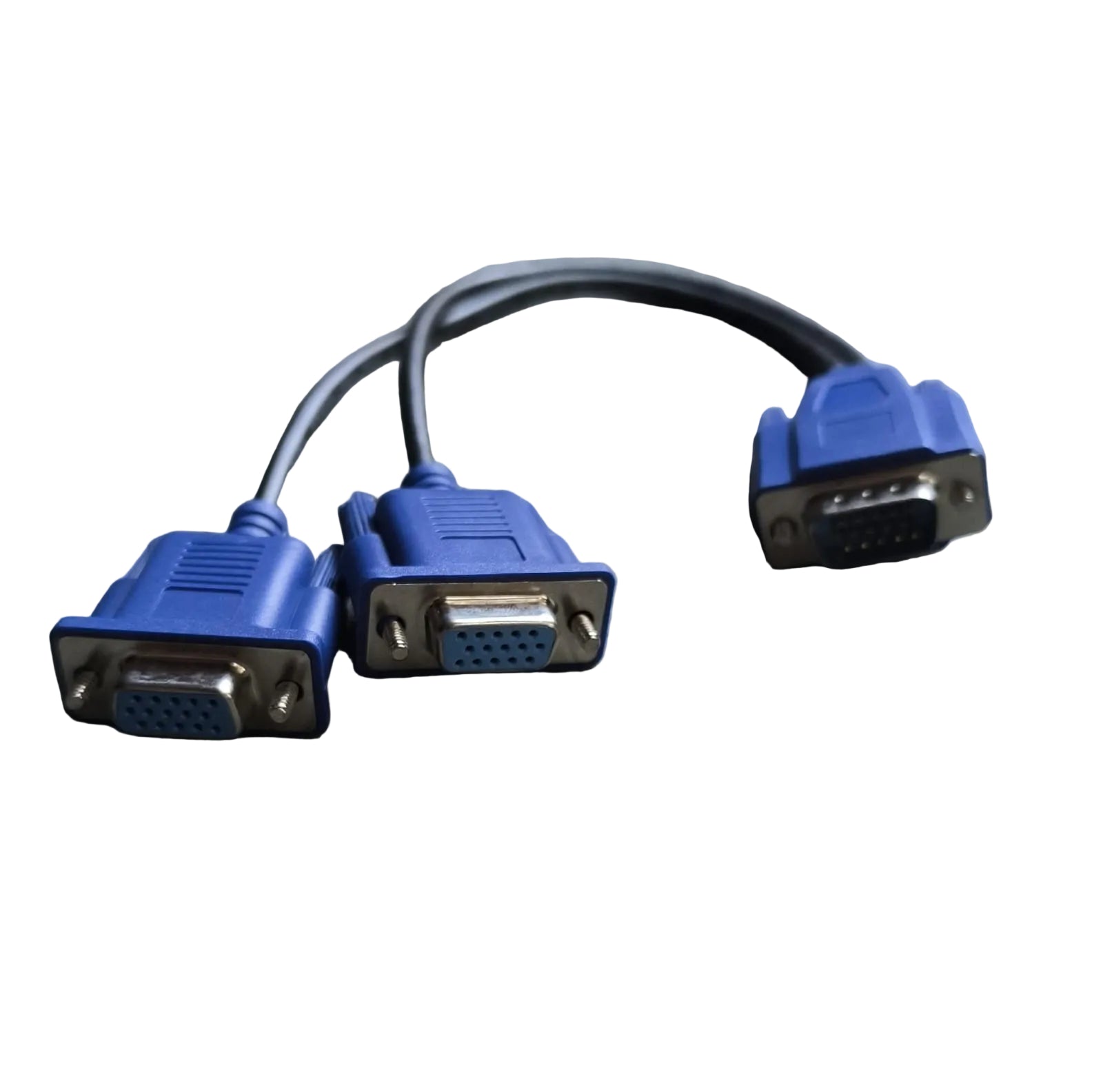 Three VGA cables with blue connectors on a wooden surface