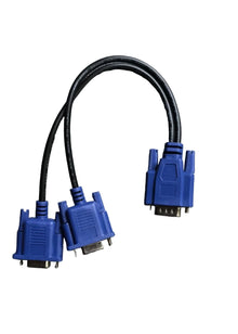 Two blue VGA connectors on a black cable against a gray wooden background