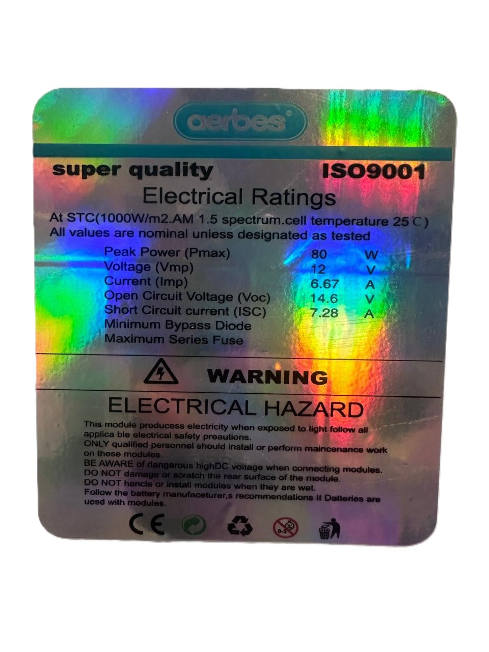 80W Mono 12v 6.7Amp Solar Panel (10007838) - Electromann SA