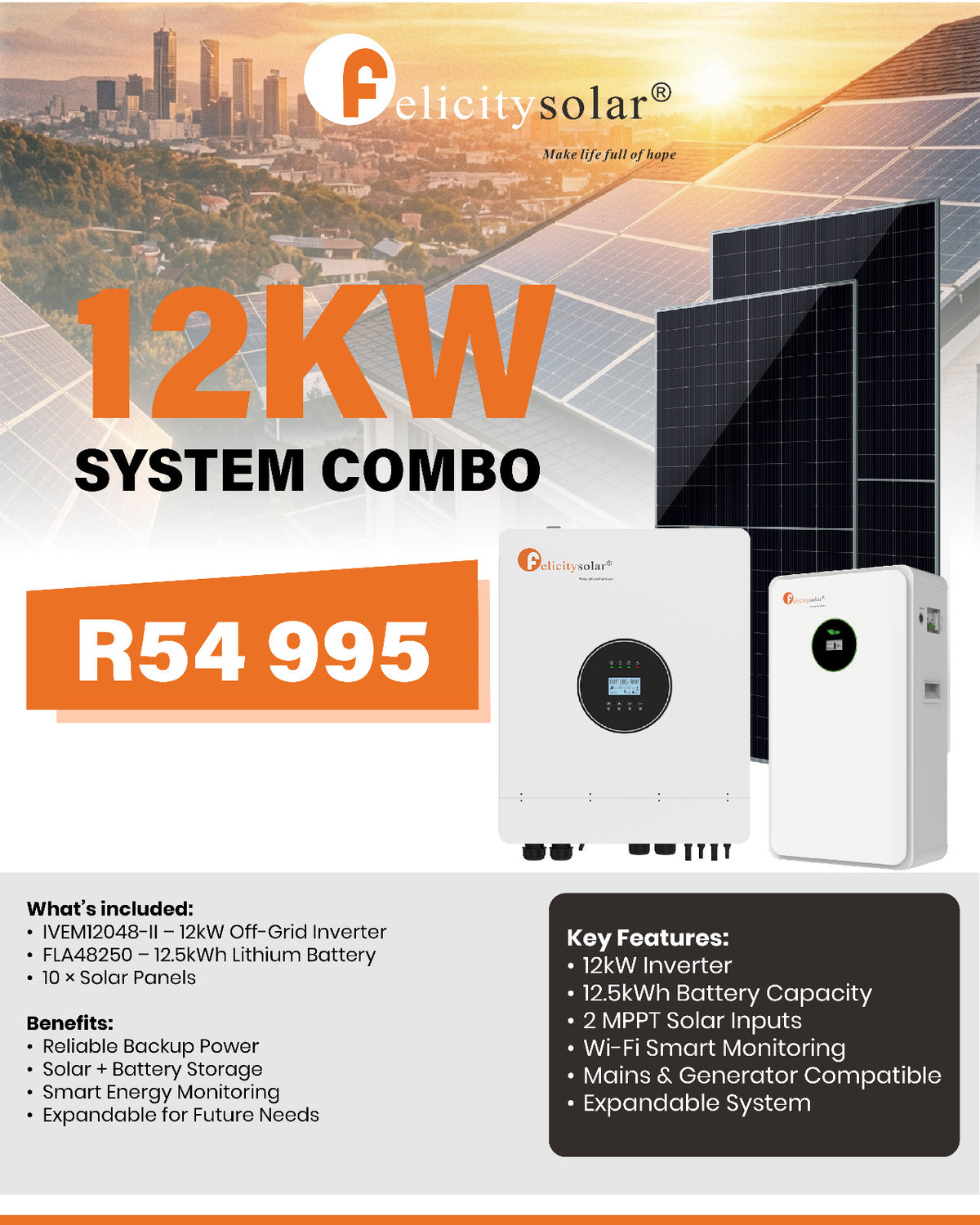 Felicity Solar 12kW 48V Inverter, Battery & Solar Panel Combo (10008441)