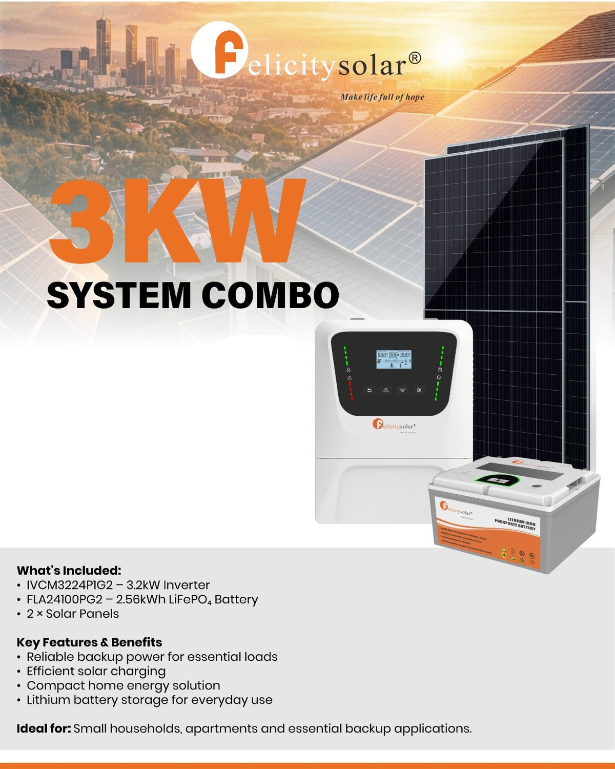 Felicity Solar 3kW 24V Inverter, Battery and Solar Panel Combo