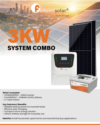 Felicity Solar 3kW 24V Inverter, Battery and Solar Panel Combo