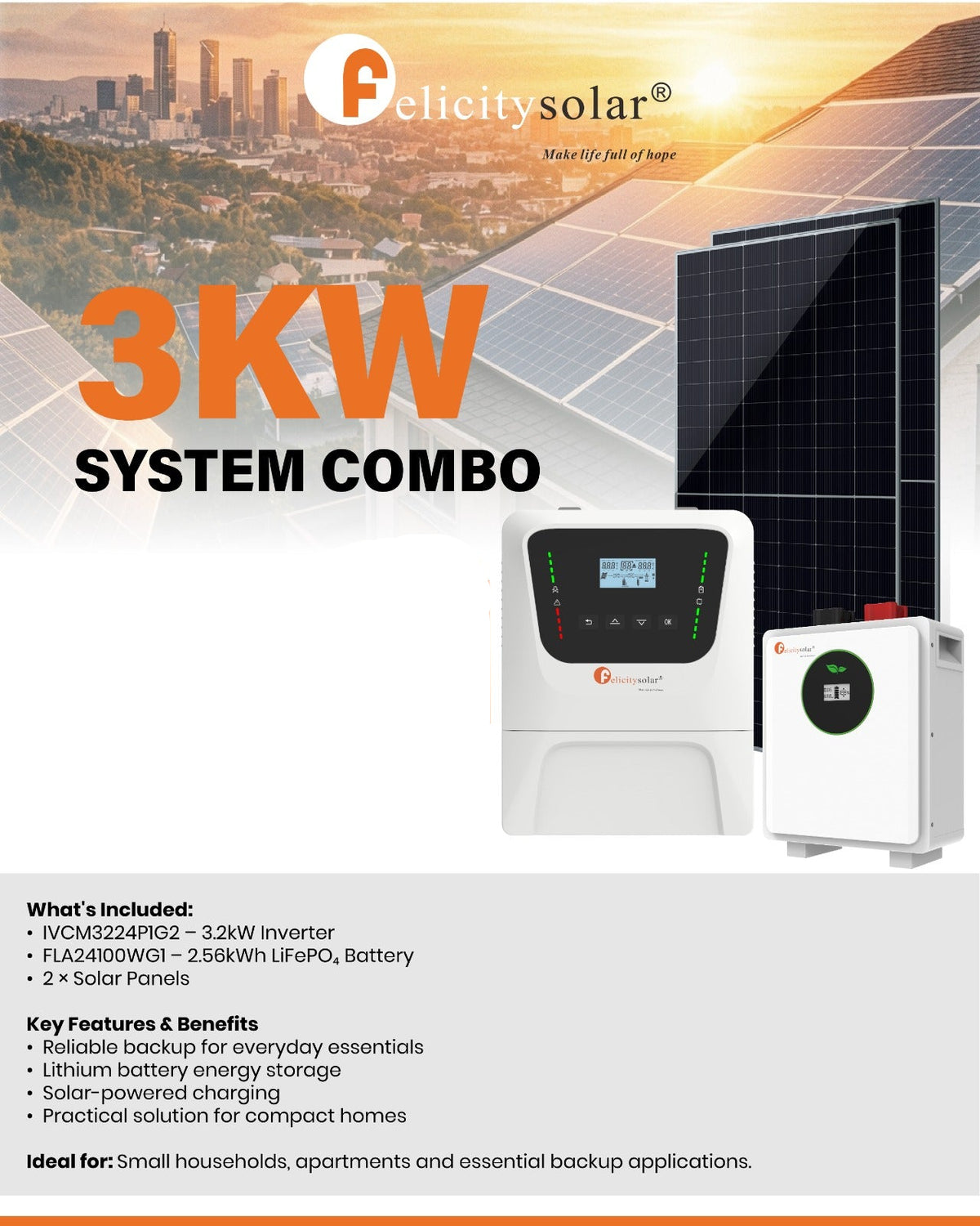 Felicity Solar 3kW 24V Inverter, Battery and Solar Panel Combo