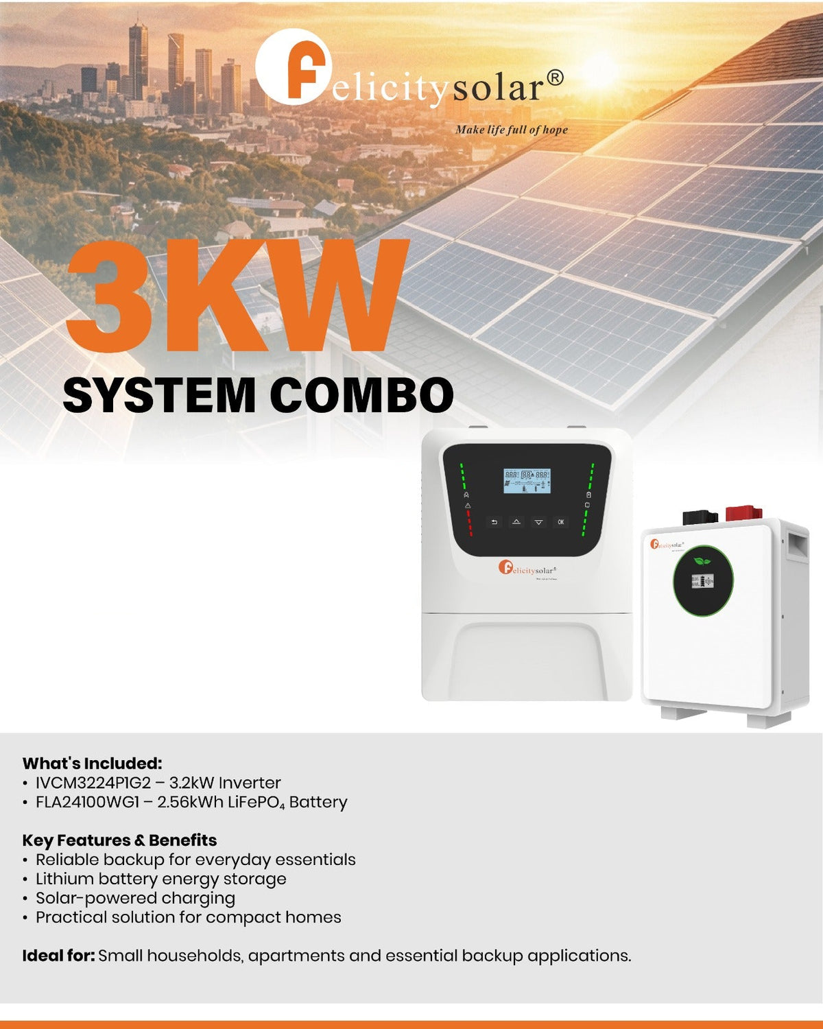 Felicity Solar 3kW 24V Inverter, Battery and Solar Panel Combo