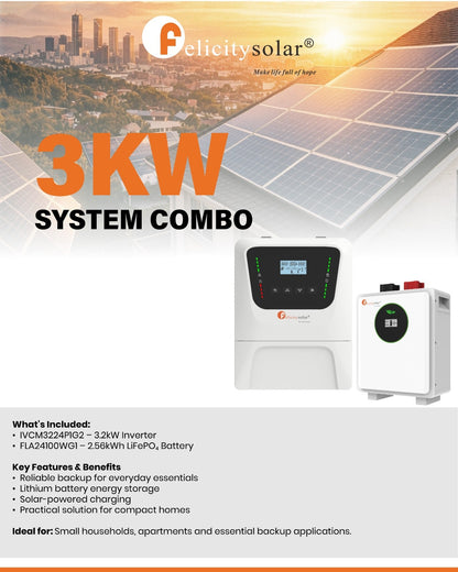 Felicity Solar 3kW 24V Inverter, Battery and Solar Panel Combo
