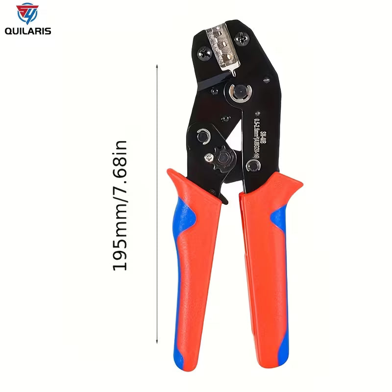 Crimping tool with red and blue handles on a white background, featuring the Quilaris brand.