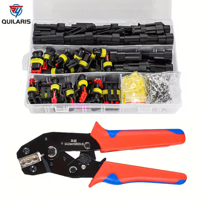 Cable crimping tool with connectors and tools in a clear box on a white background, featuring the Quilaris brand.