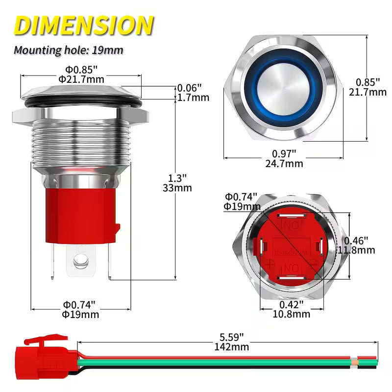19mm 20A Large Current Metal Momentary Push Button Switch (10008257) - Electromann SA