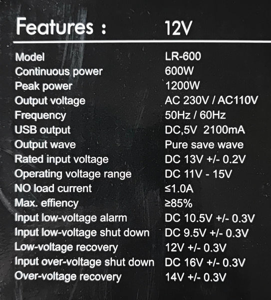 GAMISTAR 600w 12vDC to 220vAC Pure Sine Inverter - Clean and Stable Power for Sensitive Devices